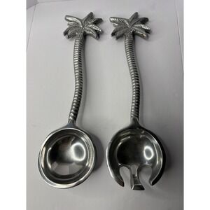 Silver Palm Tree Salad Server Set Tropical Coastal Serving Spoon and Fork India